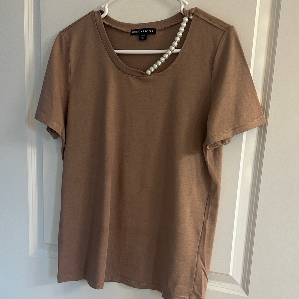 Boston Proper Brown Top with Pearl Detail